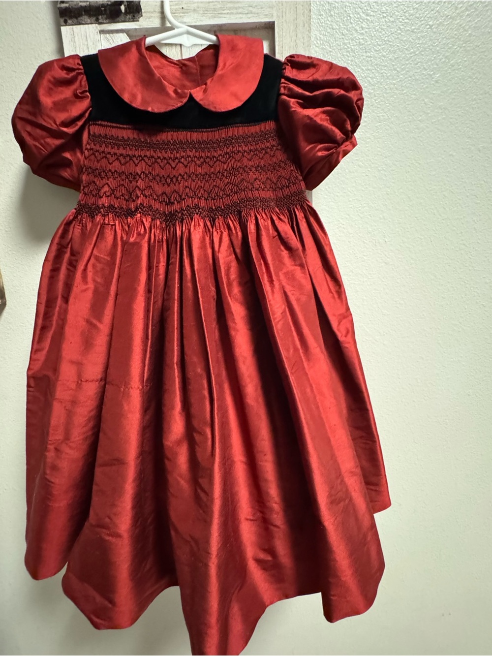 Vintage Handmade Silk Hand Smocked Christmas Dress Girls Size 4T/5 Heirloom
